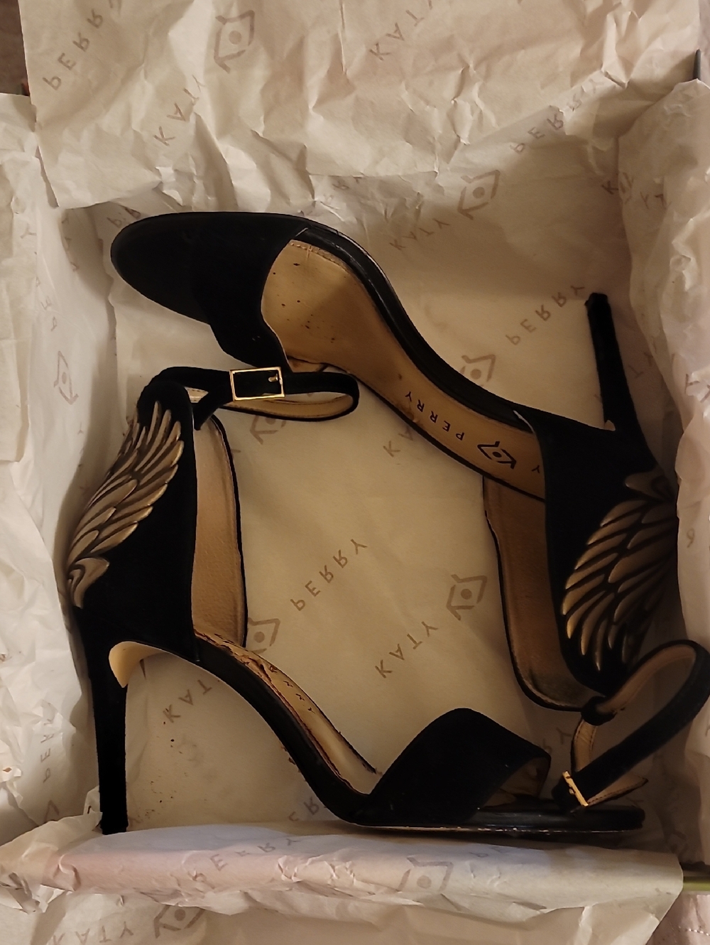 Katy Perry Collections Black Velvet Wing-Embellished Ankle Strap Heels